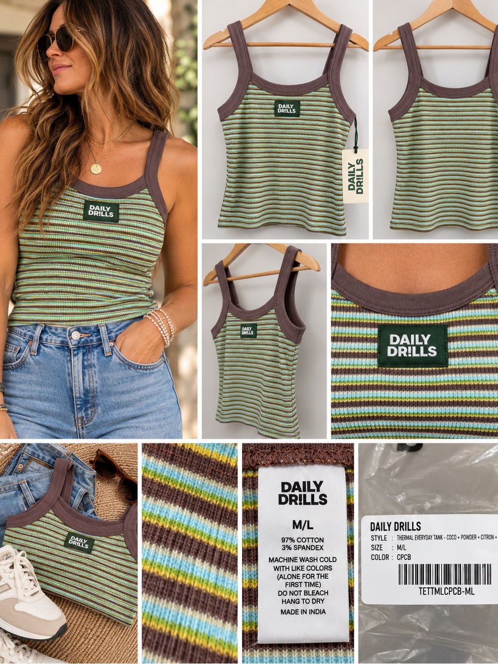 Daily Drills Thermal Everyday Tank Striped Coco Powder Citron Balboa M/L NWT
